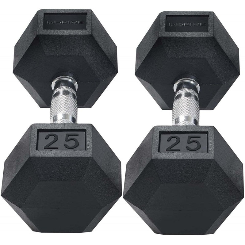 Inspire Fitness 210 lb. (5-30 lb.) Rubber Dumbbell Set with 6 pair Vertical Rack