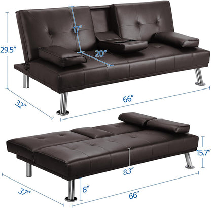 Yaheetech Convertible Sofa Bed Adjustable Couch Sleeper Modern Faux Leather Home Recliner Reversible Loveseat Folding Daybed Guest Bed, Removable Armrests, Cup Holders, 3 Angles, 772lb Capacity, Black