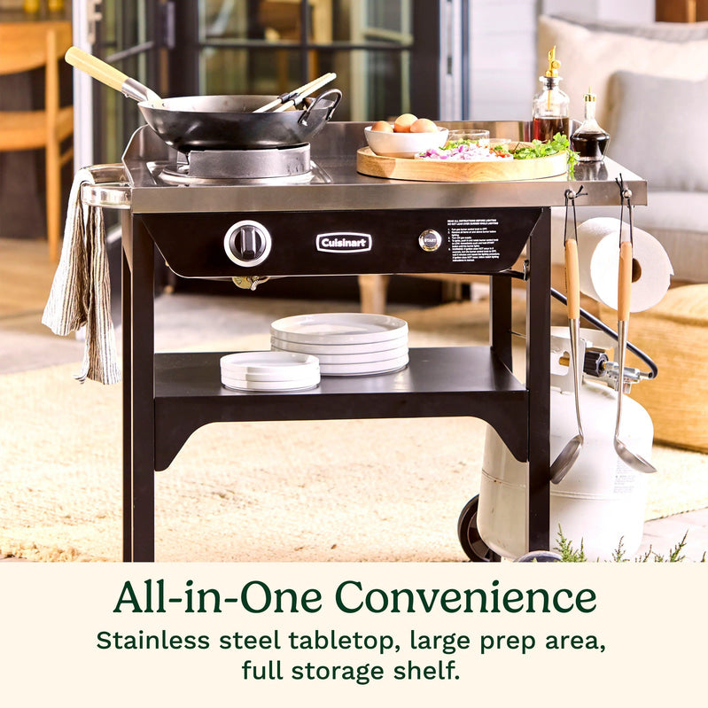 Cuisinart Outdoor Wok Station, 50,000 BTU Propane Outdoor Wok Burner w Prep Table, 14 Carbon Steel Wok for Stir Fry, Searing, BBQ Black