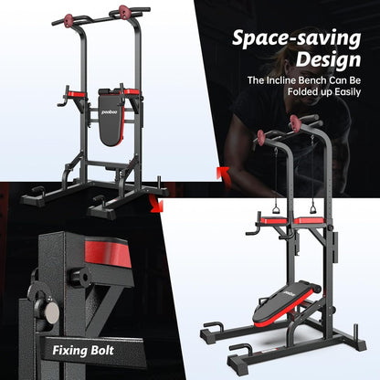 Pooboo Power Tower Dip Station, Pull-Up Bar, Supine Board, Adjustable