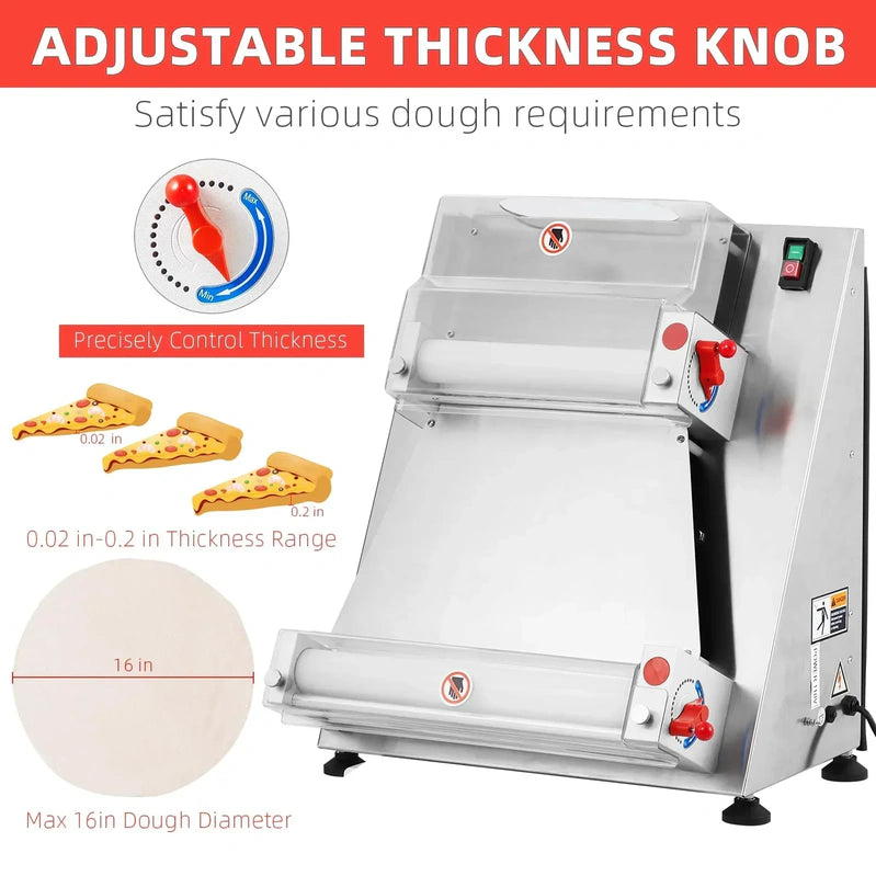 Garvee Commercial Pizza Dough Roller Sheeter, Max 16", Automatic 370W Electric Pizza Dough Roller, Stainless Steel, Suitable for Noodle, Pizza Bread and Pasta Maker Equipment