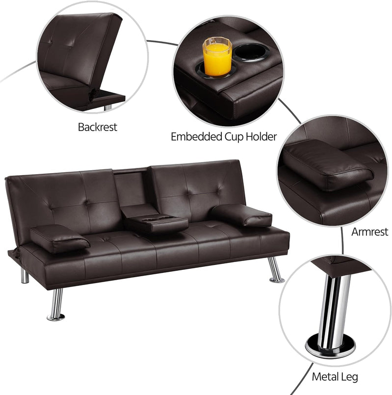 Yaheetech Convertible Sofa Bed Adjustable Couch Sleeper Modern Faux Leather Home Recliner Reversible Loveseat Folding Daybed Guest Bed, Removable Armrests, Cup Holders, 3 Angles, 772lb Capacity, Black