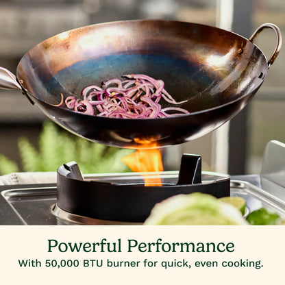 Cuisinart Outdoor Wok Station, 50,000 BTU Propane Outdoor Wok Burner w Prep Table, 14 Carbon Steel Wok for Stir Fry, Searing, BBQ Black