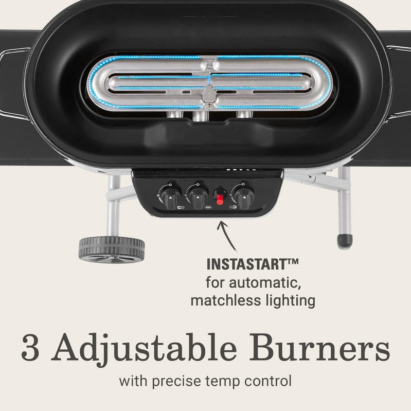 RoadTrip Portable Stand-Up Propane Grill with 3 Adjustable Burners & Instastart Ignition, 20,000 BTUs of Power for Outdoor Cooking