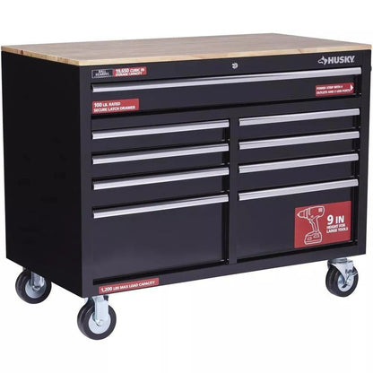 Gloss Black 46 9-Drawer Mobile Tool Chest Workbench with Power Strip & Solid Wood Top