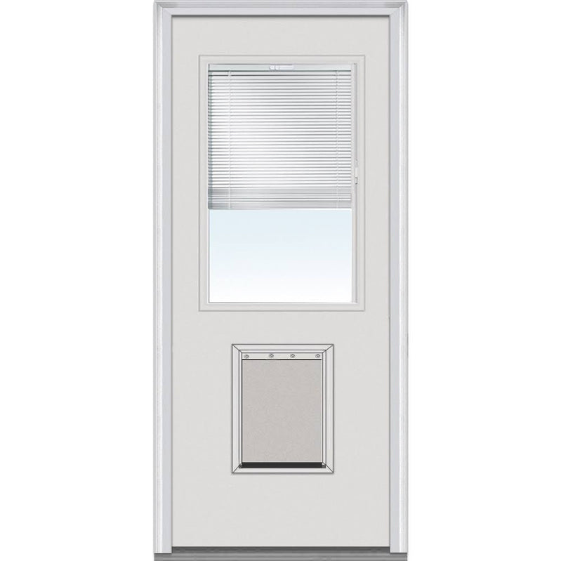 National Door Company Steel Exterior Door, Primed, 1/2 Lite with Clear Glass Internal Blinds & Pet Door, Right Hand Inswing, 32x80
