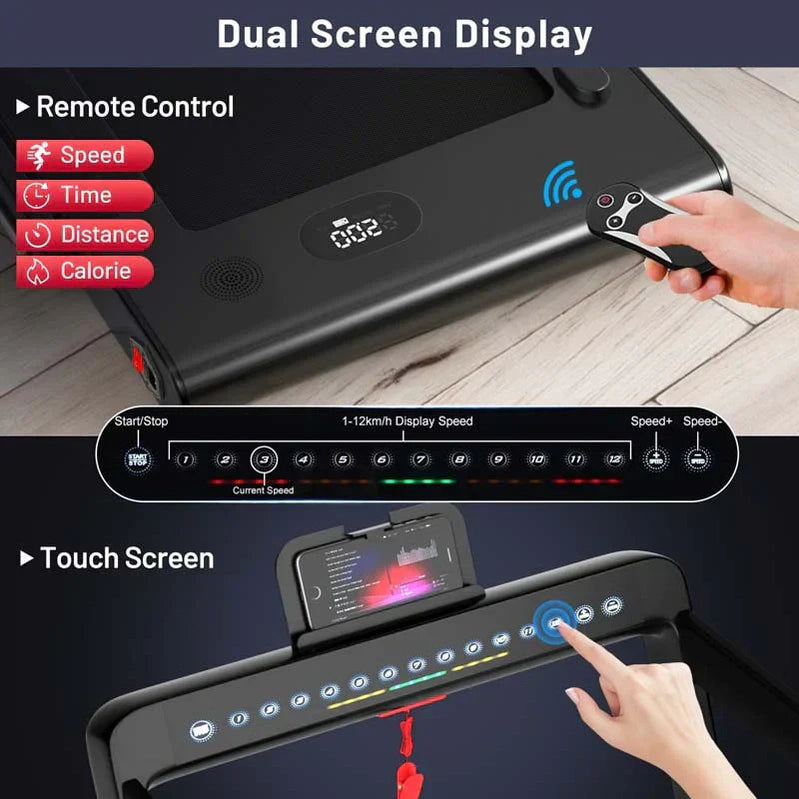 2 in 1 Folding Treadmill, 2.25HP Under Desk Electric Treadmill, Portable Walking Running Machine with Dual Display & Smart App Control