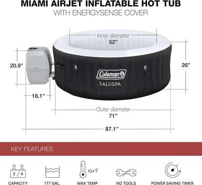 Coleman SaluSpa Miami AirJet 2 to 4 Person Round Inflatable Hot Tub Portable Outdoor Spa with 120 Soothing AirJets and Insulated Cover, Black