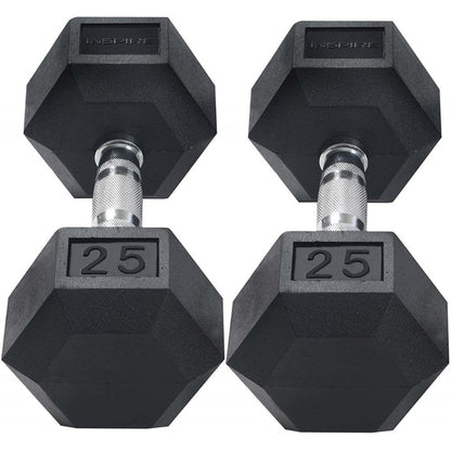 Inspire Fitness 210 lb. (5-30 lb.) Rubber Dumbbell Set with 6 pair Vertical Rack