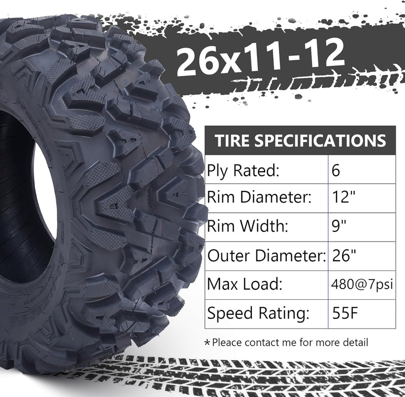 26x12x12 Atv Tires, Set of 2 Atv Tires 26x12-12 6PR, All Terrain Atv/Utv Off-Road Tires, Black