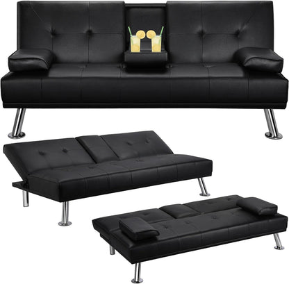 Yaheetech Convertible Sofa Bed Adjustable Couch Sleeper Modern Faux Leather Home Recliner Reversible Loveseat Folding Daybed Guest Bed, Removable Armrests, Cup Holders, 3 Angles, 772lb Capacity, Black