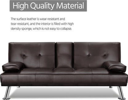 Yaheetech Convertible Sofa Bed Adjustable Couch Sleeper Modern Faux Leather Home Recliner Reversible Loveseat Folding Daybed Guest Bed, Removable Armrests, Cup Holders, 3 Angles, 772lb Capacity, Black