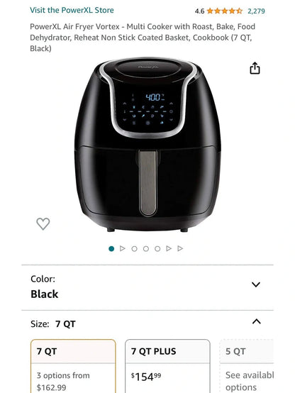 PowerXL Air Fryer Vortex Multi-Cooker, Roast/Bake/Dehydrate/Reheat, Non-Stick Basket, Includes Cookbook