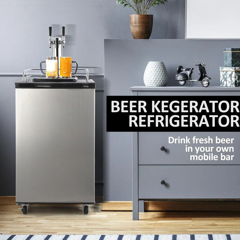 Beer Kegerator, Dual Tap Draft Beer Dispenser, Full Size Stainless Steel Keg Refrigerator With Drip Tray, CO2 Cylinder, 32°F- 50°F Temperature Control, 170L