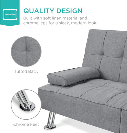 Best Choice Products Linen Upholstered Modern Convertible Folding Futon Sofa Bed for Compact Living Space, Apartment, Dorm, Bonus Room w/Removable Armrests, Metal Legs, 2 Cupholders - Gray