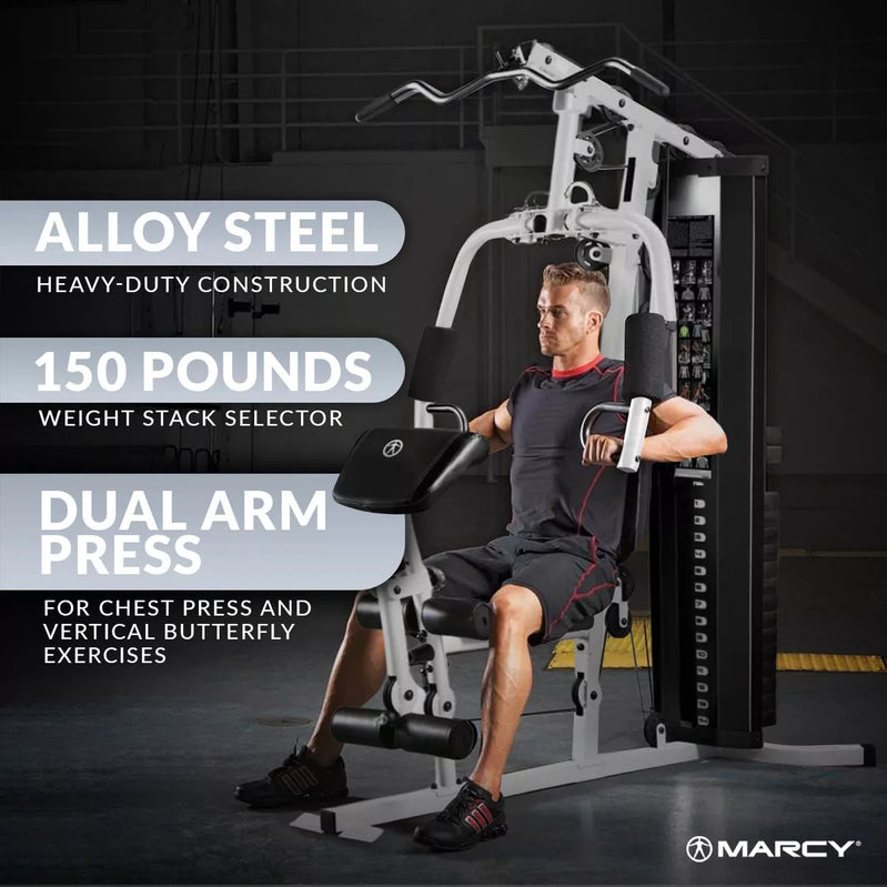 Marcy 150 Pound Stack Home Gym, Dual Function Arm Press & Leg Developer, Full Body Workout, Black/White